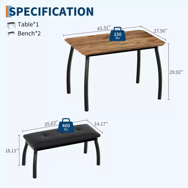 Ensemble table de salle à manger 4 places, table de cuisine à cadre métallique avec 2 bancs rembourrés, ensemble de 3 meubles de salle à manger pour appartement, studio, maison