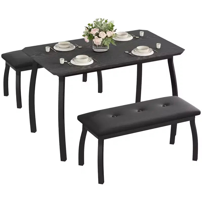 Ensemble table de salle à manger 4 places, table de cuisine à cadre métallique avec 2 bancs rembourrés, ensemble de 3 meubles de salle à manger pour appartement, studio, maison