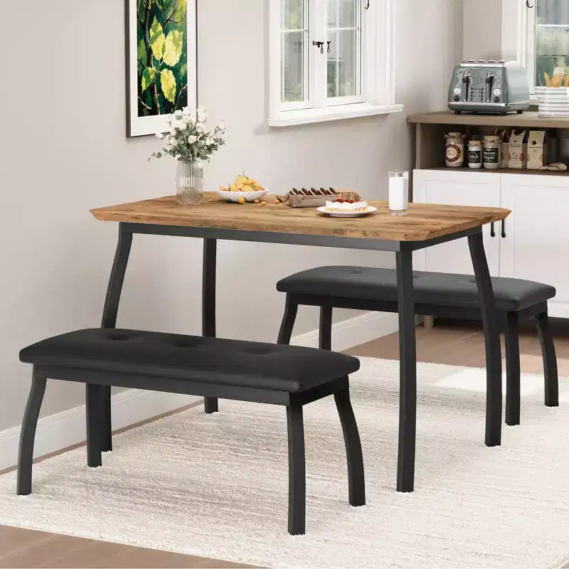 Ensemble table de salle à manger 4 places, table de cuisine à cadre métallique avec 2 bancs rembourrés, ensemble de 3 meubles de salle à manger pour appartement, studio, maison