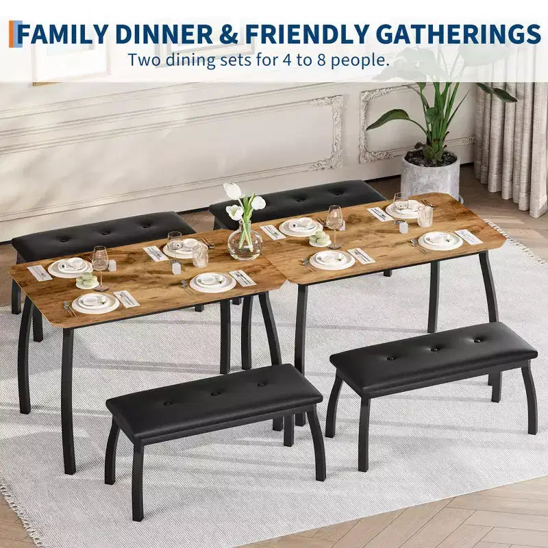 Ensemble table de salle à manger 4 places, table de cuisine à cadre métallique avec 2 bancs rembourrés, ensemble de 3 meubles de salle à manger pour appartement, studio, maison