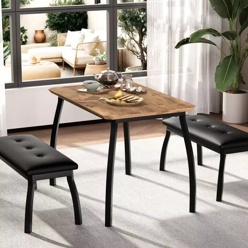 Ensemble table de salle à manger 4 places, table de cuisine à cadre métallique avec 2 bancs rembourrés, ensemble de 3 meubles de salle à manger pour appartement, studio, maison