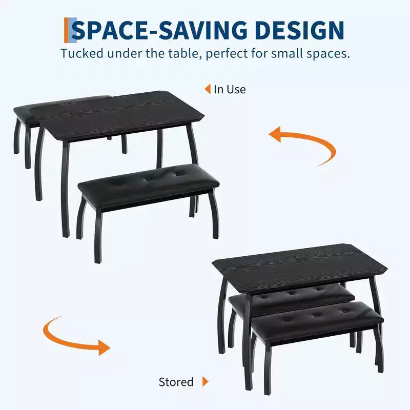Ensemble table de salle à manger 4 places, table de cuisine à cadre métallique avec 2 bancs rembourrés, ensemble de 3 meubles de salle à manger pour appartement, studio, maison