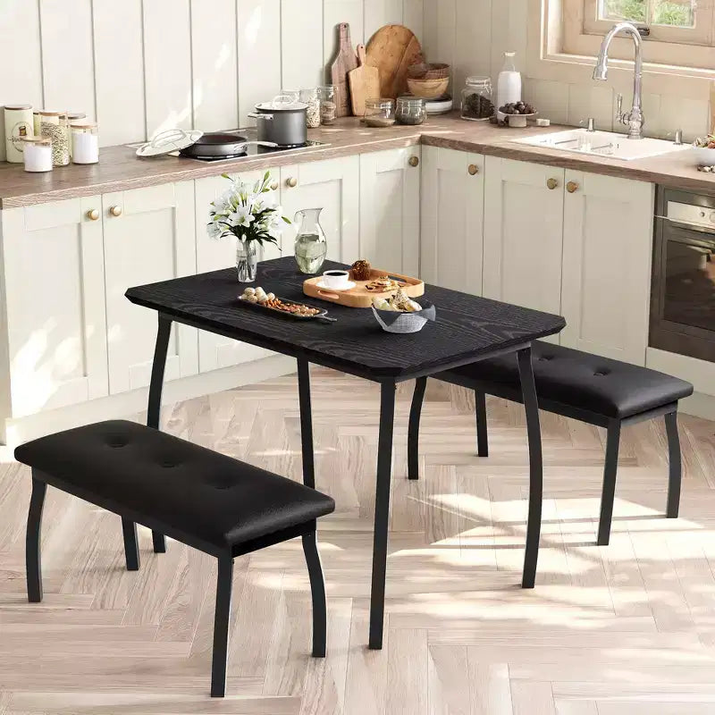 Ensemble table de salle à manger 4 places, table de cuisine à cadre métallique avec 2 bancs rembourrés, ensemble de 3 meubles de salle à manger pour appartement, studio, maison