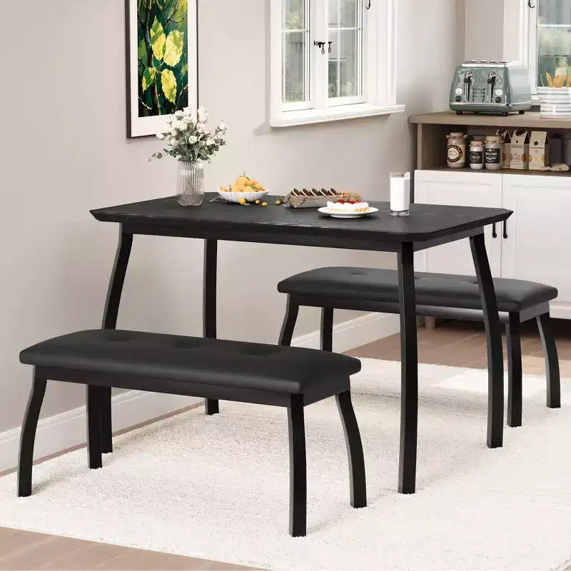 Ensemble table de salle à manger 4 places, table de cuisine à cadre métallique avec 2 bancs rembourrés, ensemble de 3 meubles de salle à manger pour appartement, studio, maison