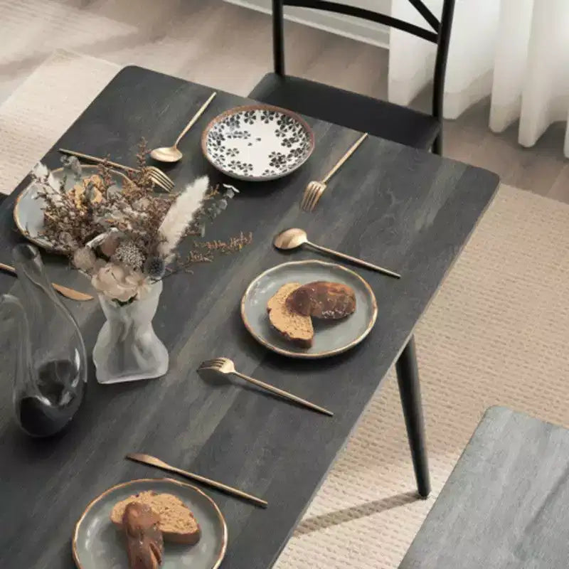 karl Home 1 Table, 1 Tabouret, 4 Chaises, Tuyau de Fer Noir, Coussin Doux Gris, Ensemble Table et Chaises de Salle à Manger