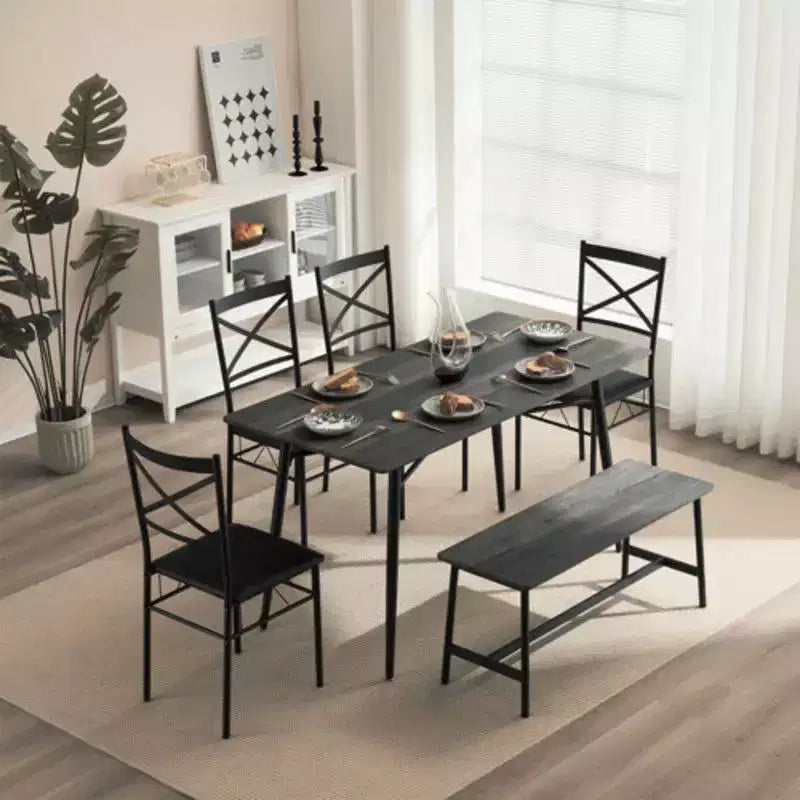 karl Home 1 Table, 1 Tabouret, 4 Chaises, Tuyau de Fer Noir, Coussin Doux Gris, Ensemble Table et Chaises de Salle à Manger