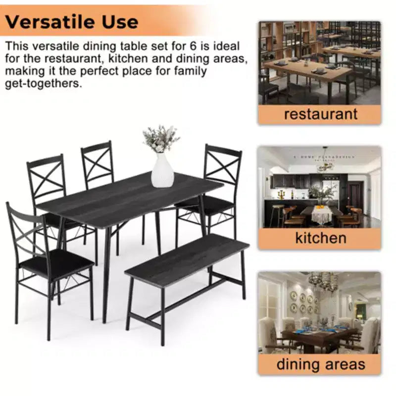 karl Home 1 Table, 1 Tabouret, 4 Chaises, Tuyau de Fer Noir, Coussin Doux Gris, Ensemble Table et Chaises de Salle à Manger