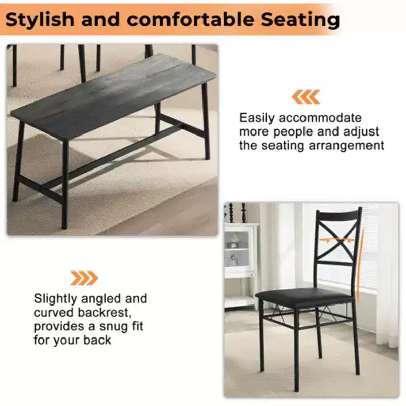 karl Home 1 Table, 1 Tabouret, 4 Chaises, Tuyau de Fer Noir, Coussin Doux Gris, Ensemble Table et Chaises de Salle à Manger