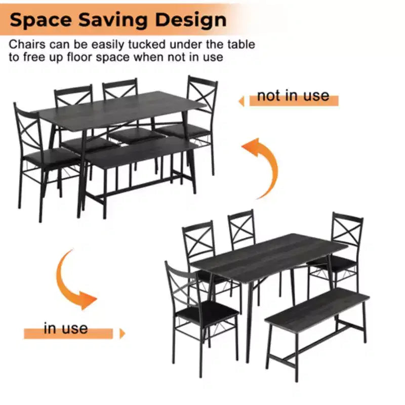 karl Home 1 Table, 1 Tabouret, 4 Chaises, Tuyau de Fer Noir, Coussin Doux Gris, Ensemble Table et Chaises de Salle à Manger