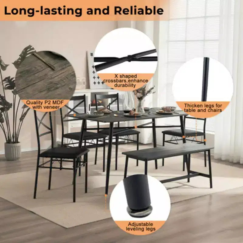 karl Home 1 Table, 1 Tabouret, 4 Chaises, Tuyau de Fer Noir, Coussin Doux Gris, Ensemble Table et Chaises de Salle à Manger