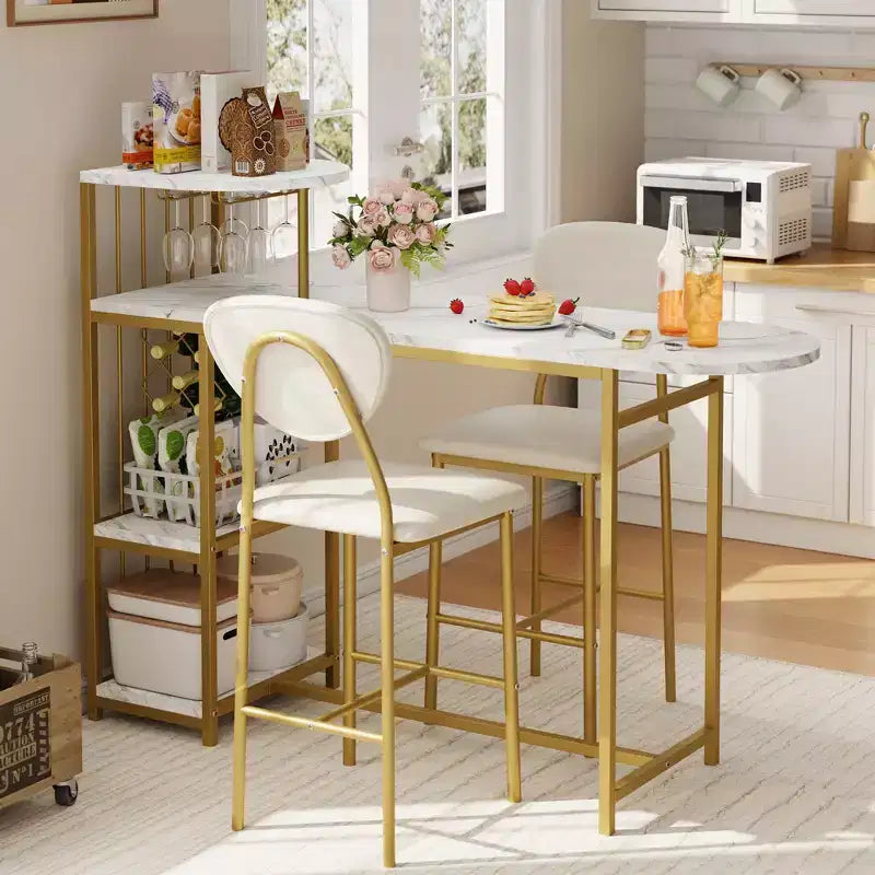 3PCS Bar Table Set for 2, Expandable Kitchen Dining Table with 2 Stools, Counter Height Bar Table and Chair Set with Storage Shelf & Wine Rack, Gold