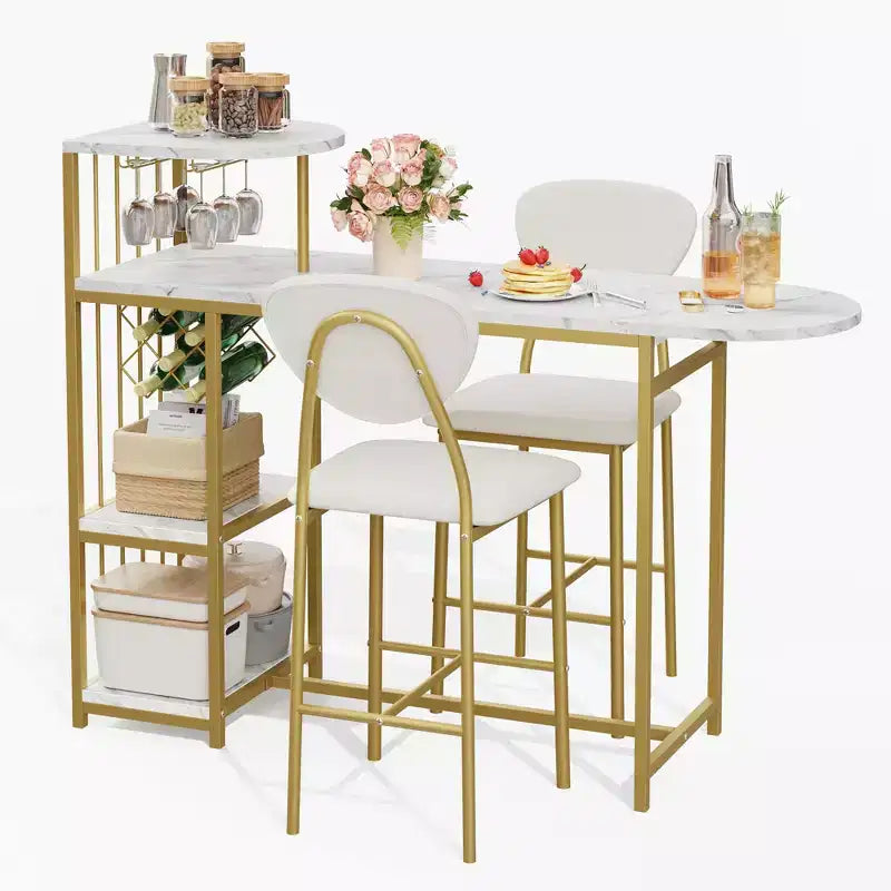 Ensemble table de bar et 2 tabourets 3 pièces, table de cuisine extensible avec 2 tabourets, ensemble table et chaises de bar hauteur comptoir avec étagère de rangement et casier à vin, doré
