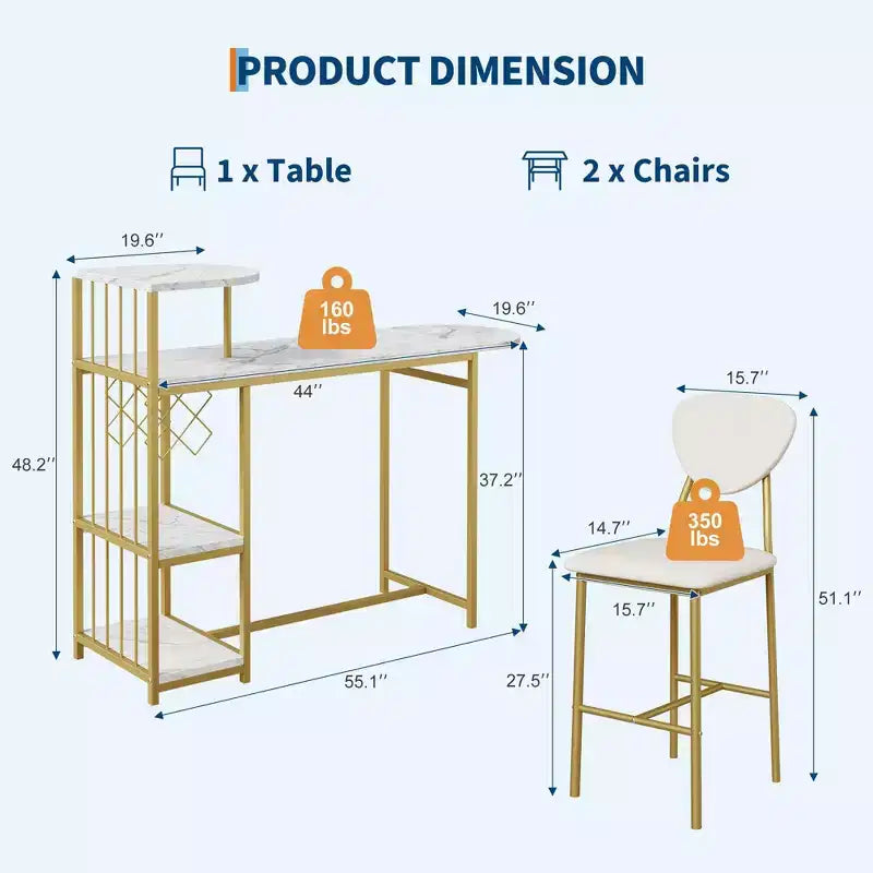 Ensemble table de bar et 2 tabourets 3 pièces, table de cuisine extensible avec 2 tabourets, ensemble table et chaises de bar hauteur comptoir avec étagère de rangement et casier à vin, doré