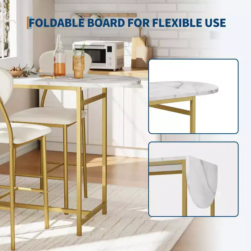 Ensemble table de bar et 2 tabourets 3 pièces, table de cuisine extensible avec 2 tabourets, ensemble table et chaises de bar hauteur comptoir avec étagère de rangement et casier à vin, doré