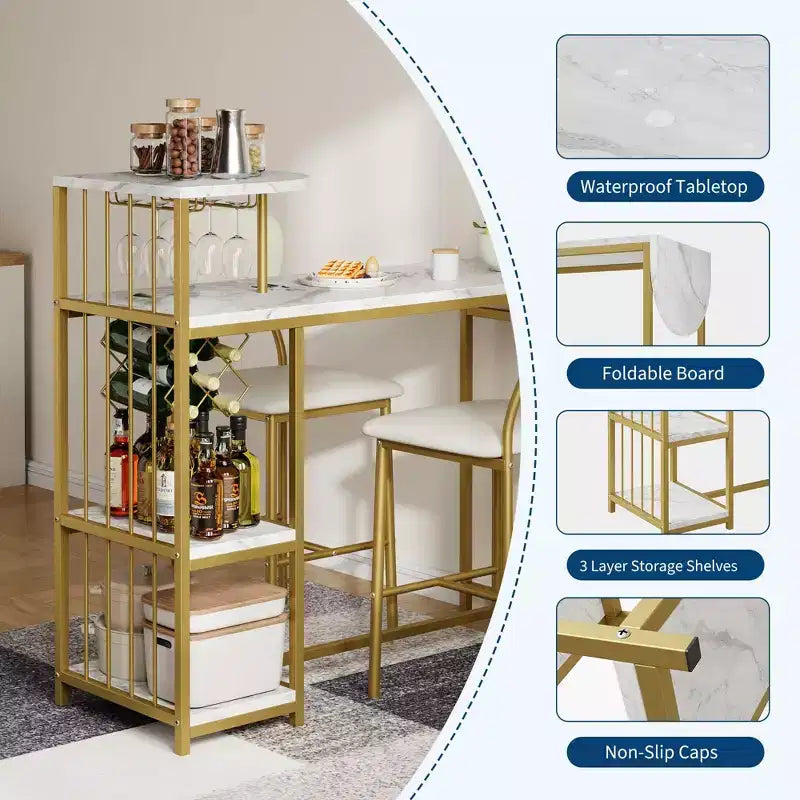 Ensemble table de bar et 2 tabourets 3 pièces, table de cuisine extensible avec 2 tabourets, ensemble table et chaises de bar hauteur comptoir avec étagère de rangement et casier à vin, doré