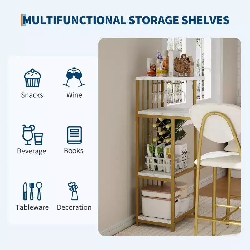 Ensemble table de bar et 2 tabourets 3 pièces, table de cuisine extensible avec 2 tabourets, ensemble table et chaises de bar hauteur comptoir avec étagère de rangement et casier à vin, doré