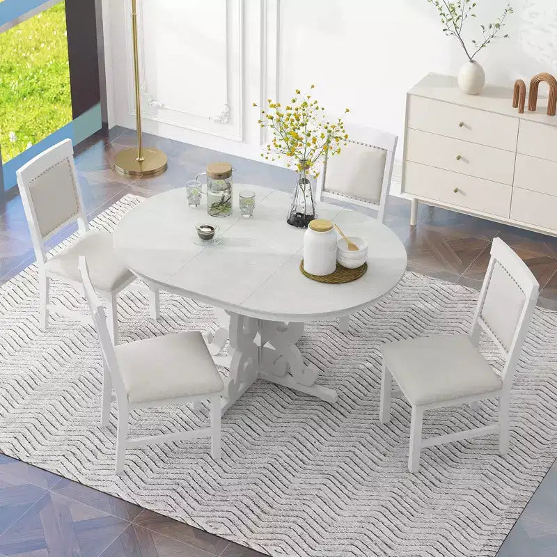 Ensemble de salle à manger rétro 5 pièces avec table extensible et 4 chaises rembourrées, rallonge de 40 cm, idéal pour la cuisine et la salle à manger