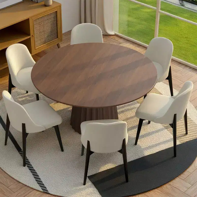 Ensemble table à manger ronde moderne PexFix 52 avec 6 chaises rembourrées Plateau en bois texturé noyer Base plissée Piètement Sièges beiges pour cuisine salle à manger