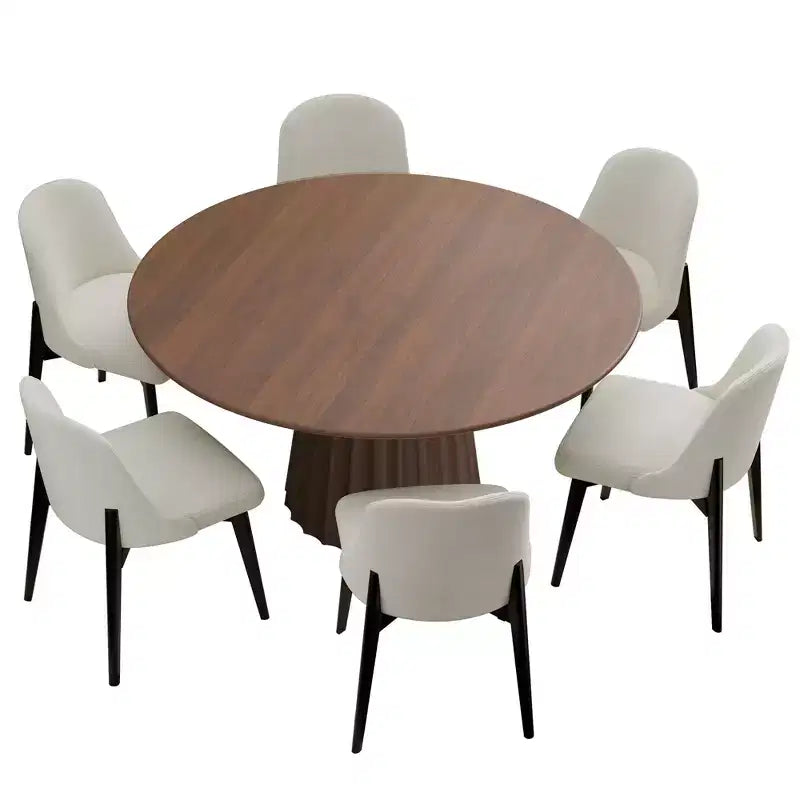 Ensemble table à manger ronde moderne PexFix 52 avec 6 chaises rembourrées Plateau en bois texturé noyer Base plissée Piètement Sièges beiges pour cuisine salle à manger