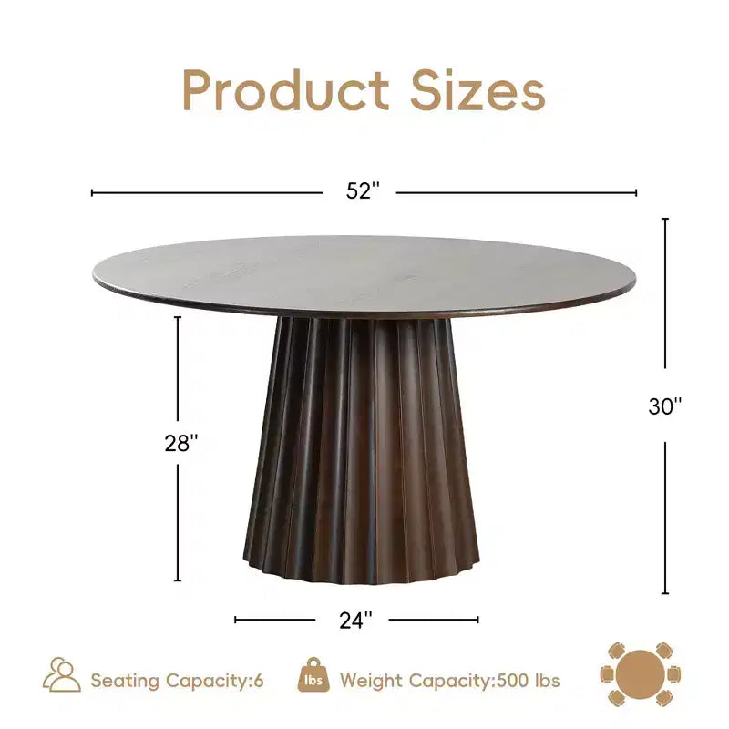 Ensemble table à manger ronde moderne PexFix 52 avec 6 chaises rembourrées Plateau en bois texturé noyer Base plissée Piètement Sièges beiges pour cuisine salle à manger