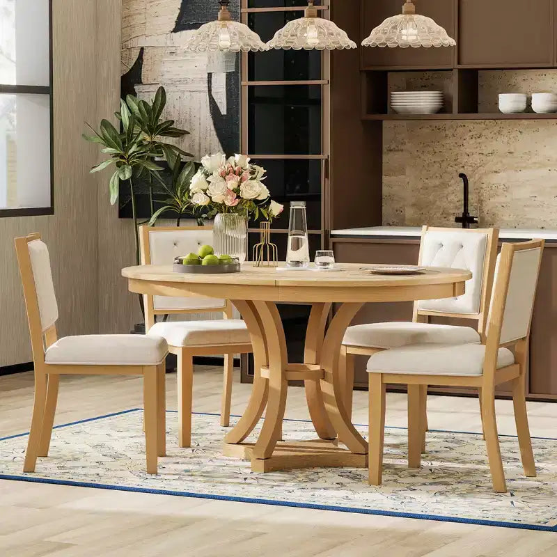 Ensemble de salle à manger rétro 5 pièces avec table ronde extensible et 4 chaises rembourrées
