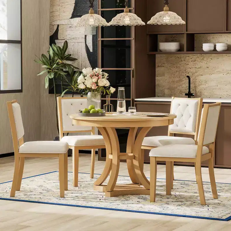 Ensemble de salle à manger rétro 5 pièces avec table ronde extensible et 4 chaises rembourrées