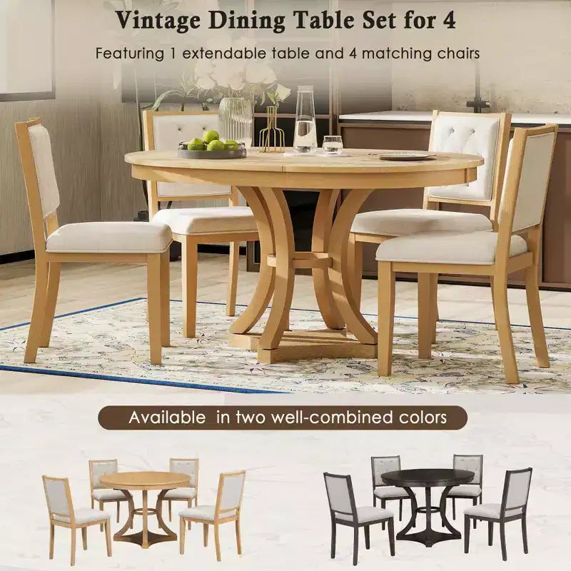 Ensemble de salle à manger rétro 5 pièces avec table ronde extensible et 4 chaises rembourrées
