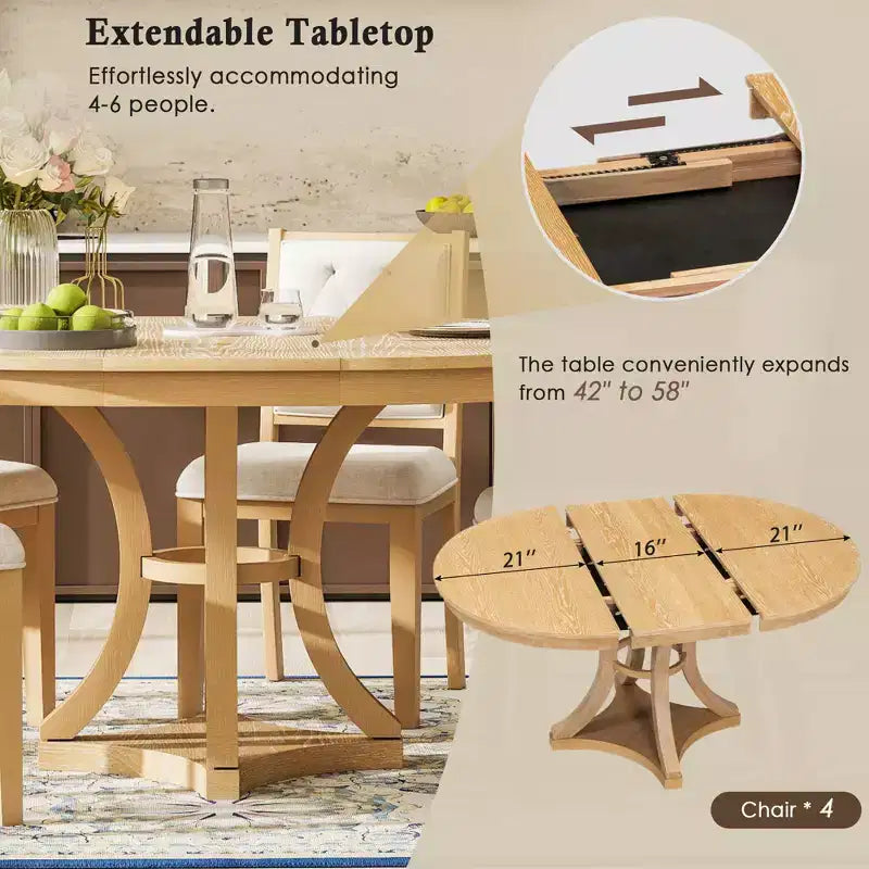 Ensemble de salle à manger rétro 5 pièces avec table ronde extensible et 4 chaises rembourrées
