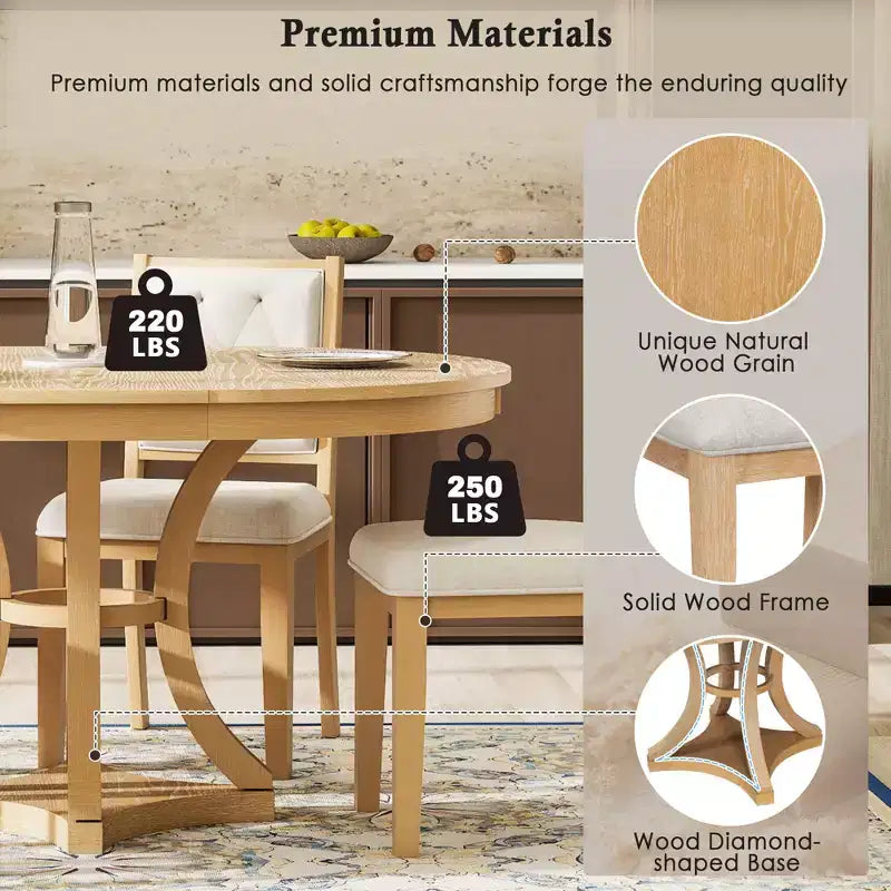 Ensemble de salle à manger rétro 5 pièces avec table ronde extensible et 4 chaises rembourrées