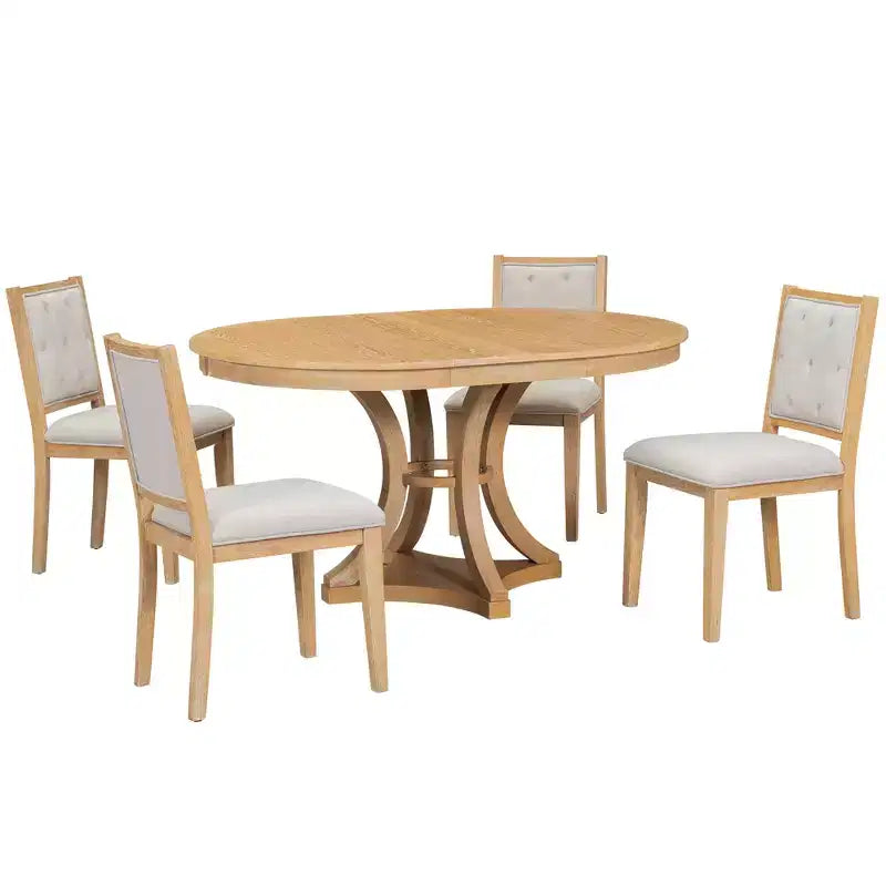 Ensemble de salle à manger rétro 5 pièces avec table ronde extensible et 4 chaises rembourrées