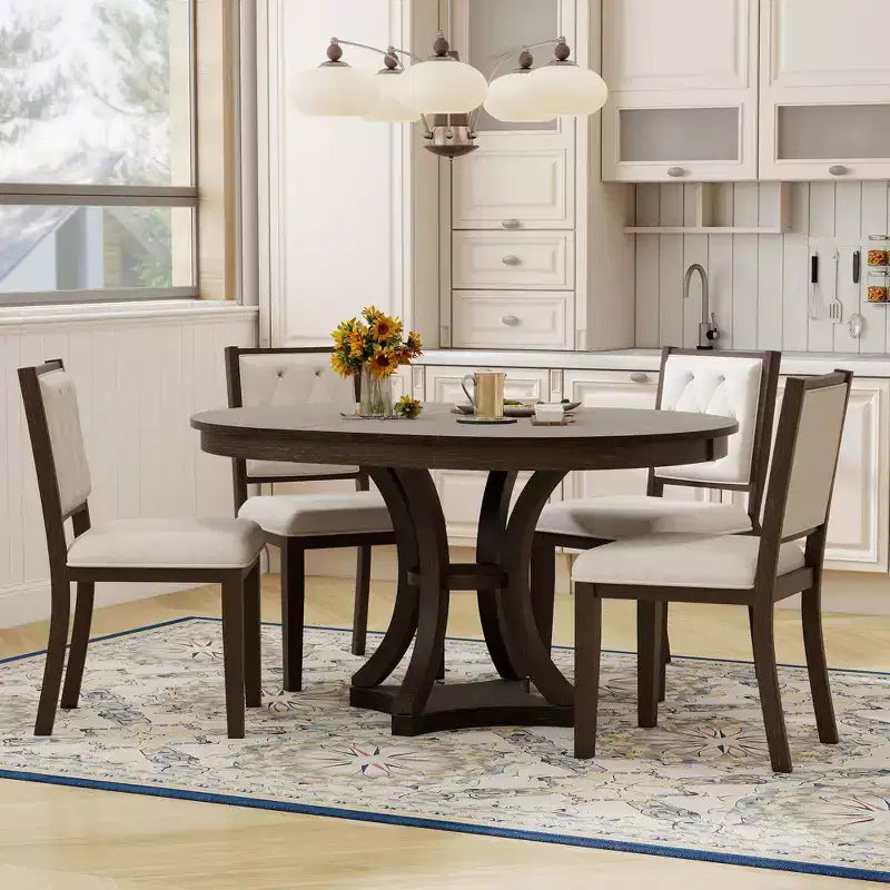 Ensemble de salle à manger rétro 5 pièces avec table ronde extensible et 4 chaises rembourrées