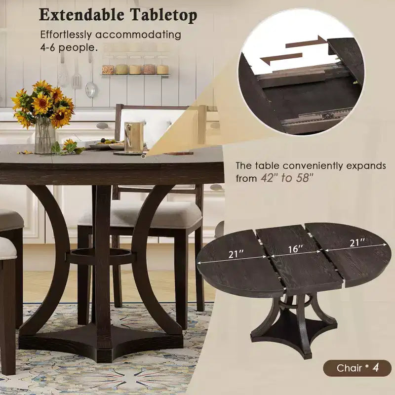 Ensemble de salle à manger rétro 5 pièces avec table ronde extensible et 4 chaises rembourrées