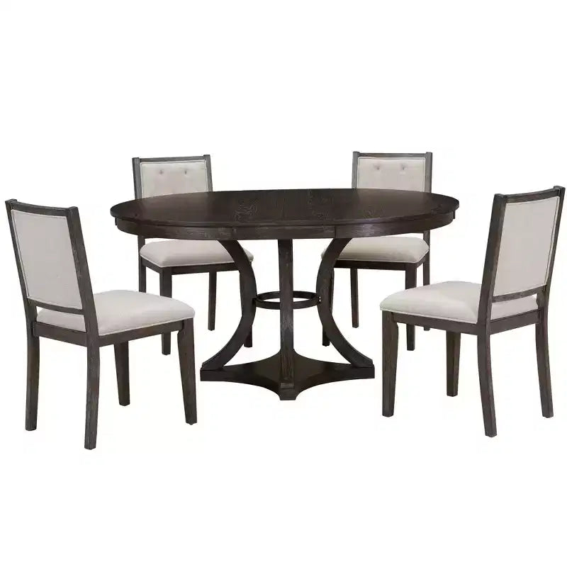 Ensemble de salle à manger rétro 5 pièces avec table ronde extensible et 4 chaises rembourrées