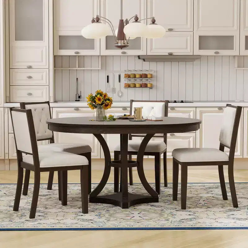 5-Piece Retro Dining Set with Extendable Round Table and 4 Upholstered Chairs