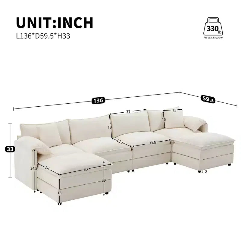 Canapé modulaire sectionnel en U 6 pièces en chenille Polibi avec deux poufs et des coussins à double couche