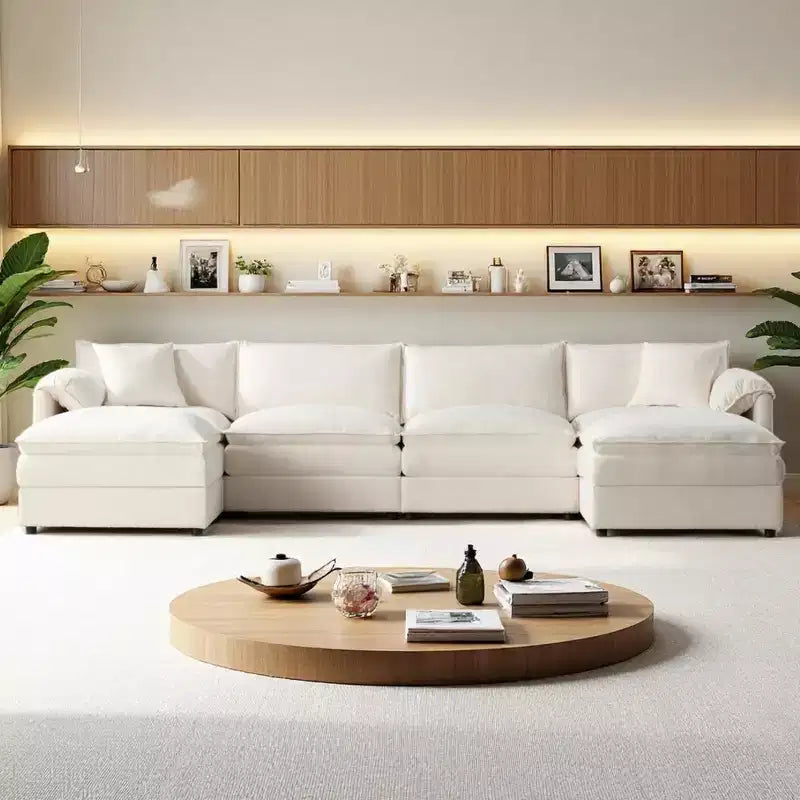 Canapé modulaire sectionnel en U 6 pièces en chenille Polibi avec deux poufs et des coussins à double couche