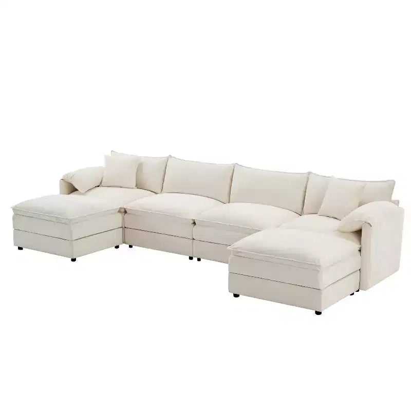 Canapé modulaire sectionnel en U 6 pièces en chenille Polibi avec deux poufs et des coussins à double couche