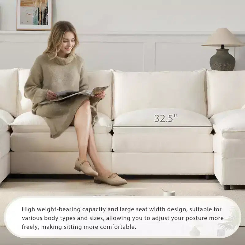 Canapé modulaire sectionnel en U 6 pièces en chenille Polibi avec deux poufs et des coussins à double couche
