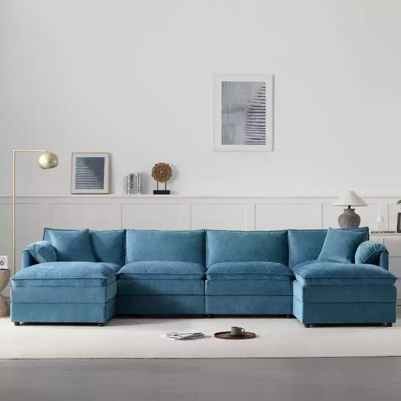 Canapé modulaire sectionnel en U 6 pièces en chenille Polibi avec deux poufs et des coussins à double couche
