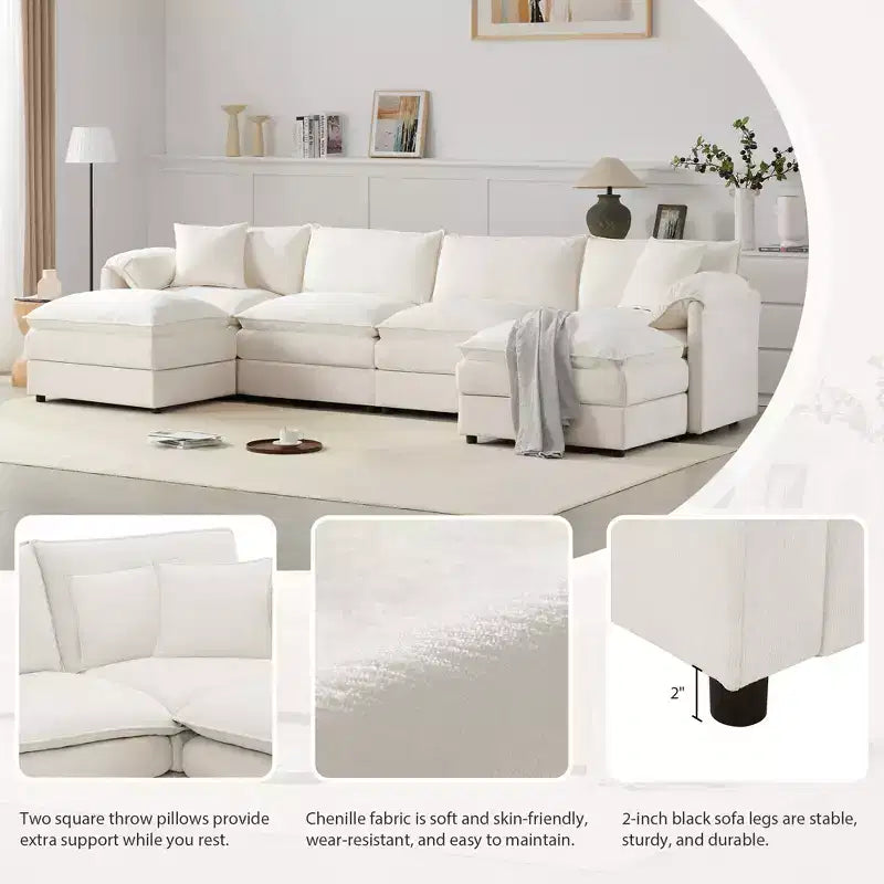 Canapé modulaire sectionnel en U 6 pièces en chenille Polibi avec deux poufs et des coussins à double couche