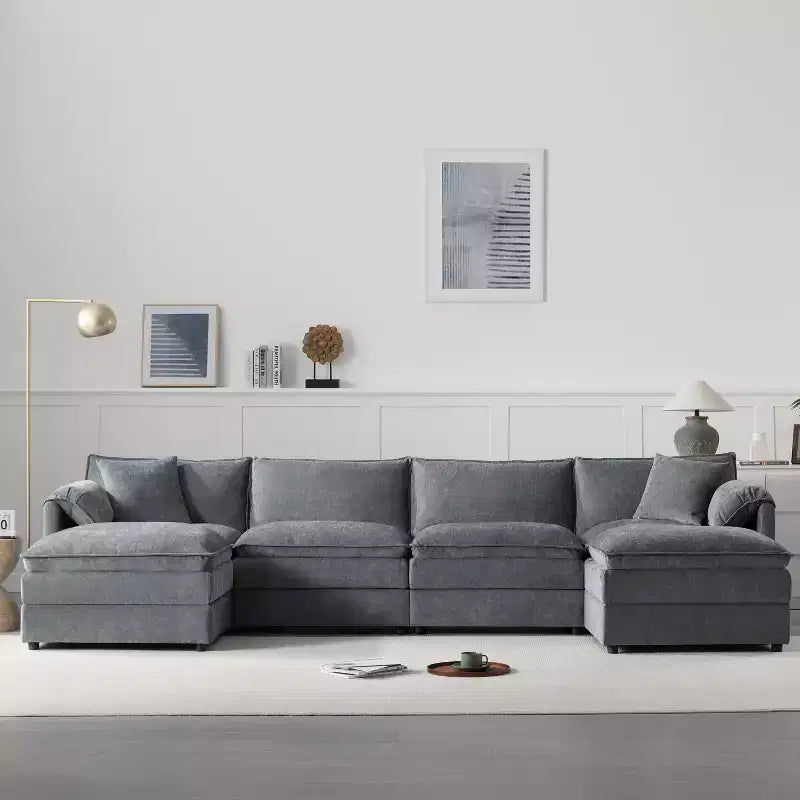 Canapé modulaire sectionnel en U 6 pièces en chenille Polibi avec deux poufs et des coussins à double couche