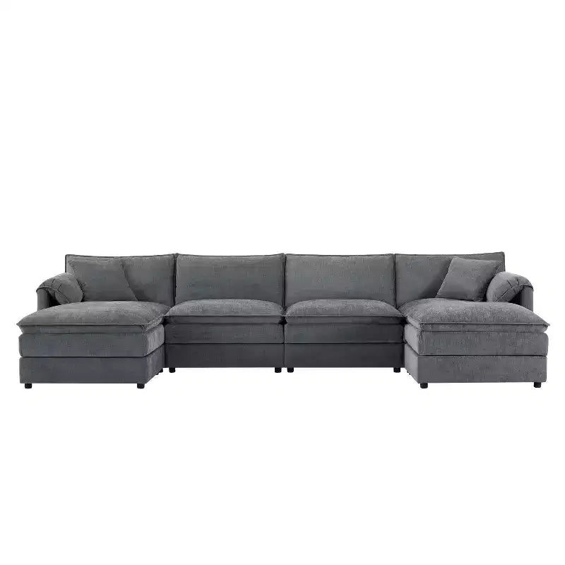 Canapé modulaire sectionnel en U 6 pièces en chenille Polibi avec deux poufs et des coussins à double couche