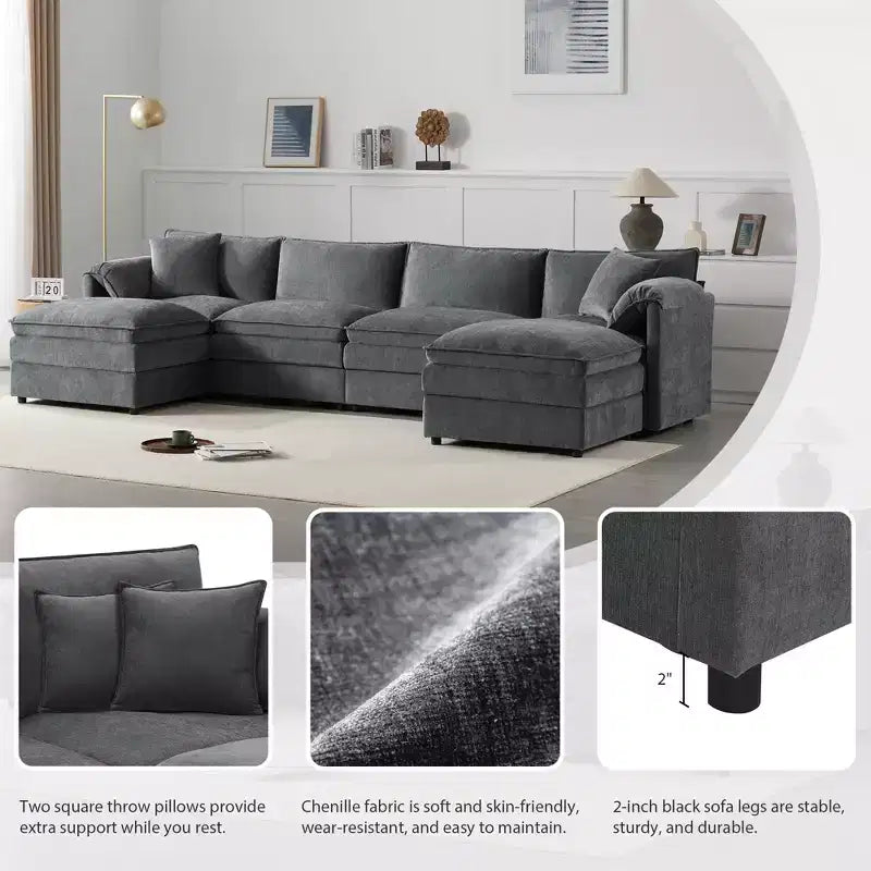 Canapé modulaire sectionnel en U 6 pièces en chenille Polibi avec deux poufs et des coussins à double couche
