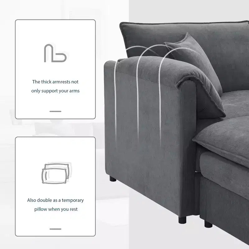 Canapé modulaire sectionnel en U 6 pièces en chenille Polibi avec deux poufs et des coussins à double couche