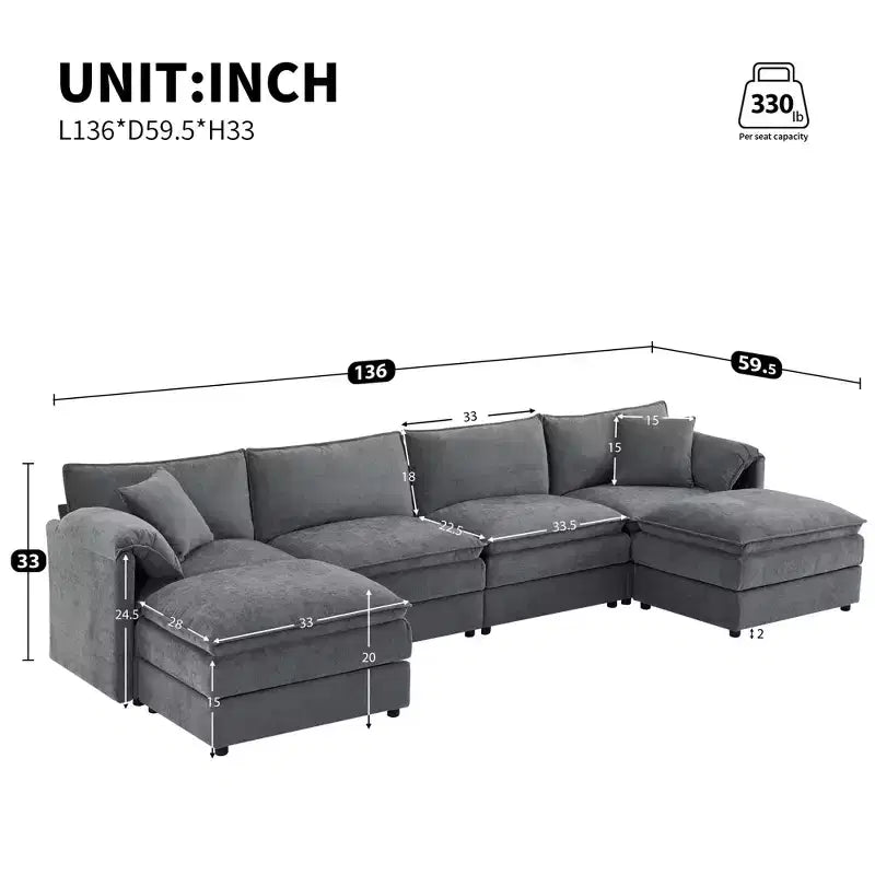 Canapé modulaire sectionnel en U 6 pièces en chenille Polibi avec deux poufs et des coussins à double couche