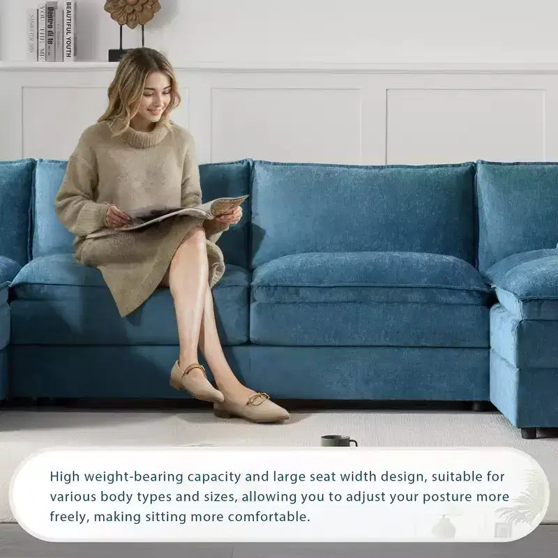 Canapé modulaire sectionnel en U 6 pièces en chenille Polibi avec deux poufs et des coussins à double couche