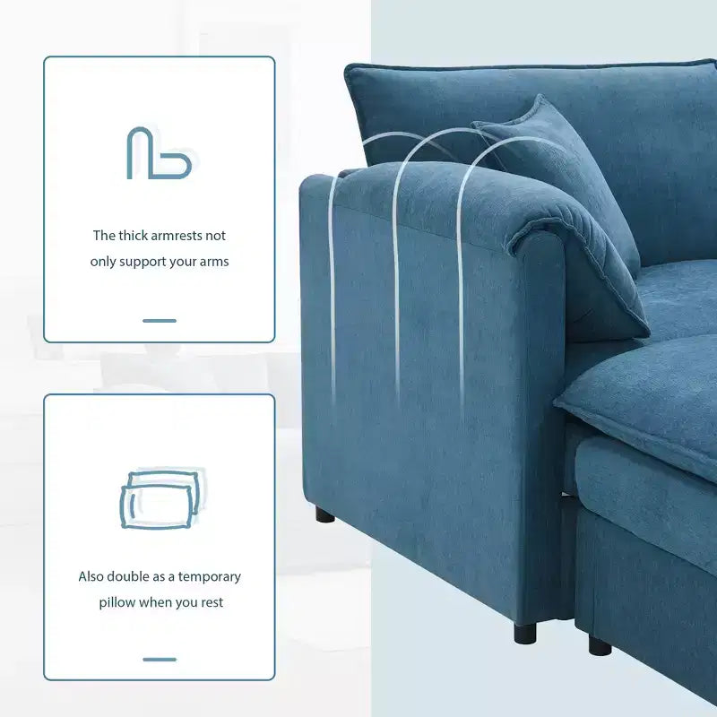 Canapé modulaire sectionnel en U 6 pièces en chenille Polibi avec deux poufs et des coussins à double couche