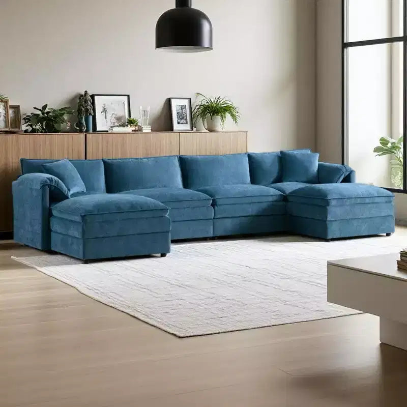 Polibi 6-Piece Chenille U-Shaped Modular Sectional Sofa with Dual Ottomans and Double-Layer Cushions