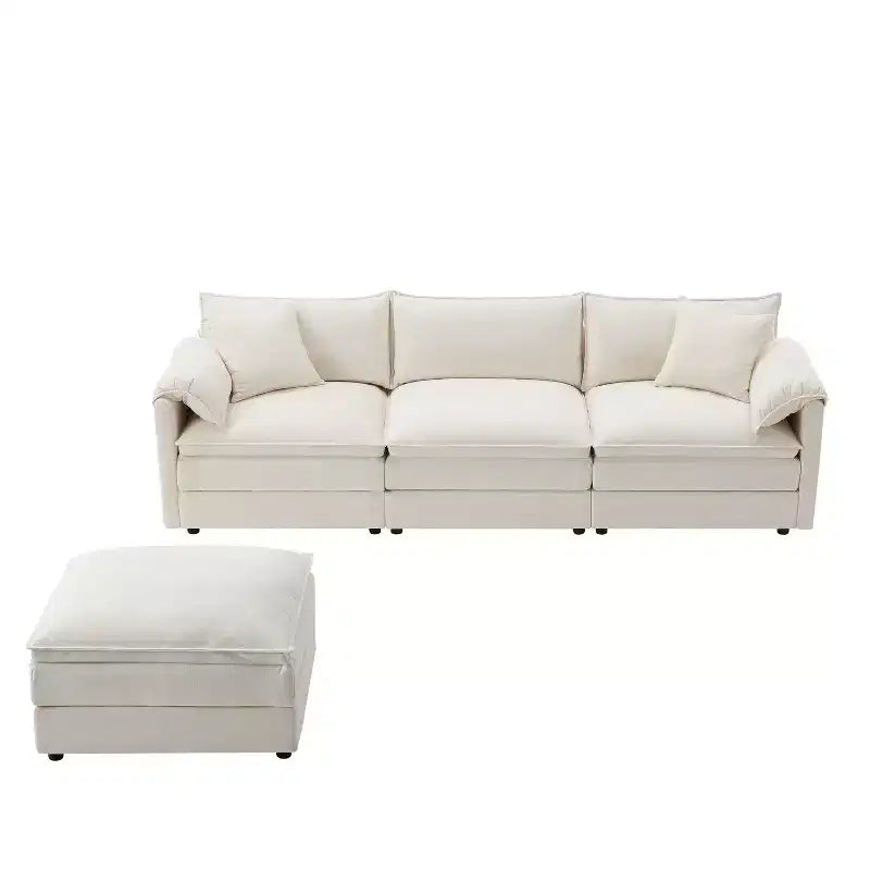 Canapé d'angle modulable 4 places en chenille Polibi en U avec pouf mobile et accoudoirs coussins