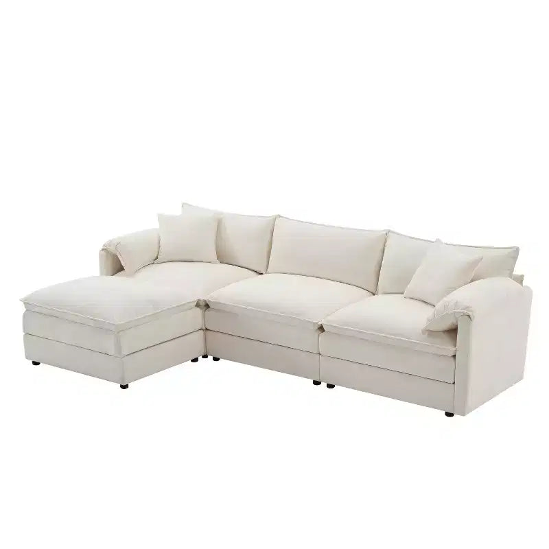Canapé d'angle modulable 4 places en chenille Polibi en U avec pouf mobile et accoudoirs coussins